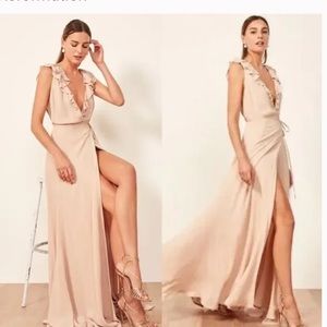 REFORMATION Peppermint Ruffle Wrap Maxi Dress in Champagne Size Large